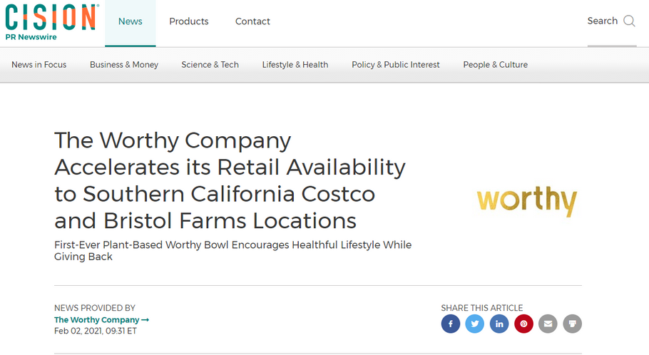 The Worthy Company Accelerates its Retail Availability to Southern California Costco and Bristol Farms Locations